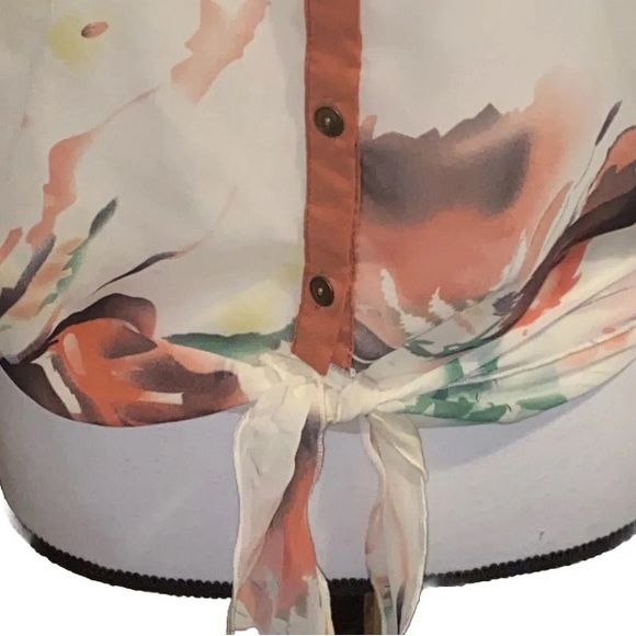 Daytrip Womens Large Button Down Tie Waist Sheer Floral Balloon Slv Blouse - Picture 5 of 12